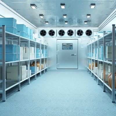 Walk-in cold storage room with shelving and evaporator fans